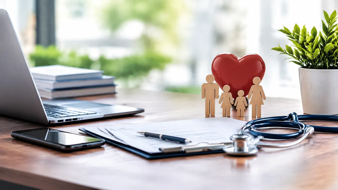 Family health and insurance planning materials on a desk